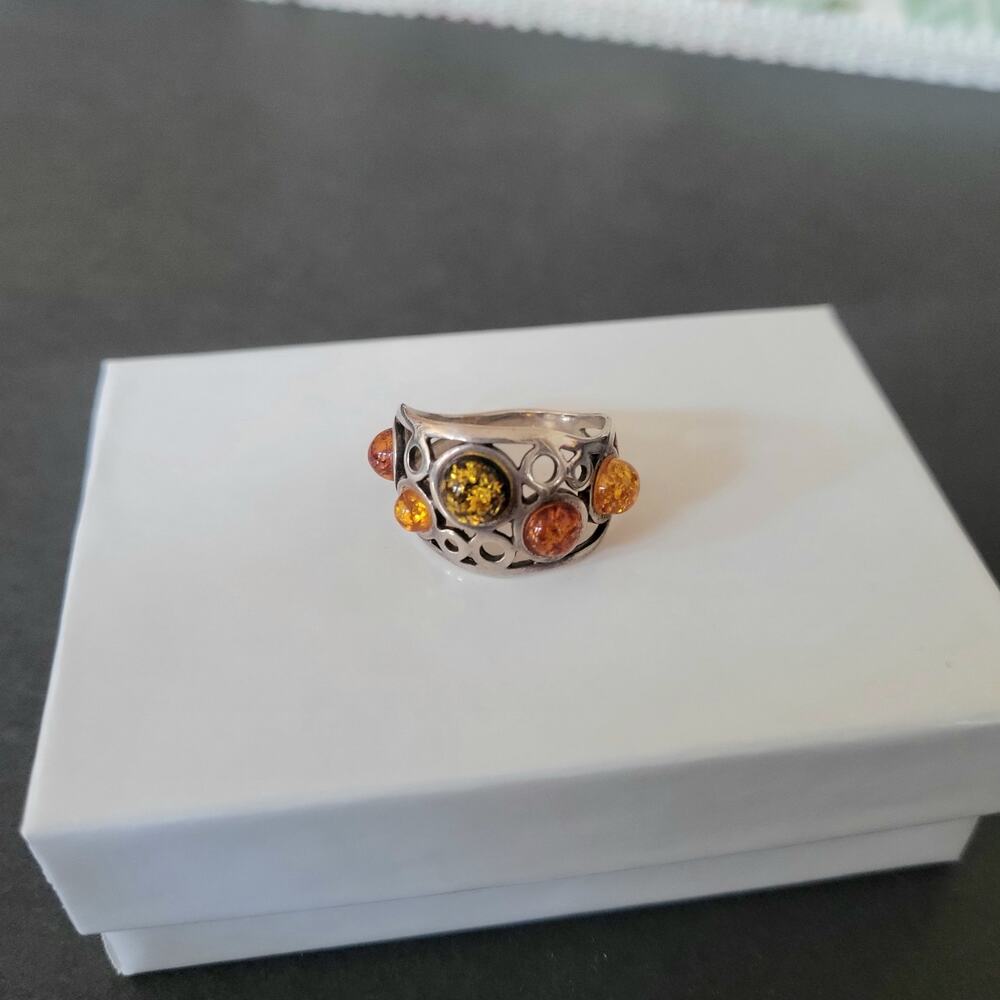 925 Silver Amber Ring Handmade Artisan Filigree Yellow Orange Green sz 7.5